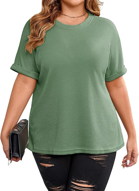 TAKEYAL Plus Size Tops For Women Waffle Knit Shirts Boat Neck Short Sleeve Tunic Tops Summer Casu... | Amazon (US)