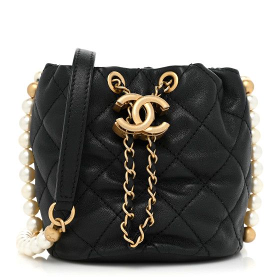 Calfskin Quilted Pearl Mini About Pearls Drawstring Bucket Bag Black | FASHIONPHILE (US)