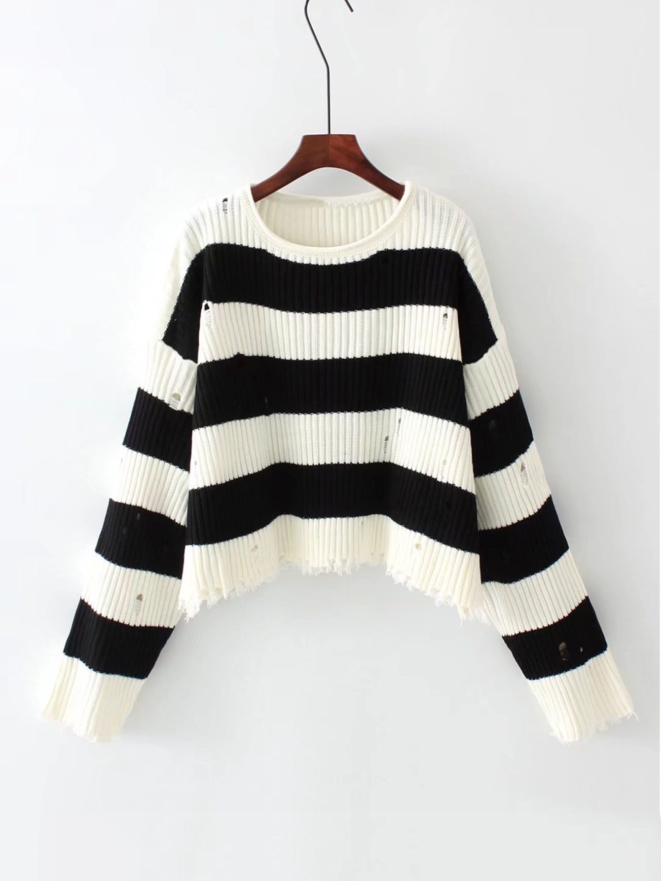 Block Striped Ripped Knit Sweater | SHEIN