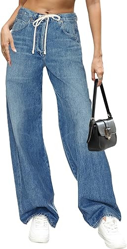 Allimy Womens Drawstring High Waist Wide Leg Jeans Straight Leg Washed Denim Jeans Pants | Amazon (US)