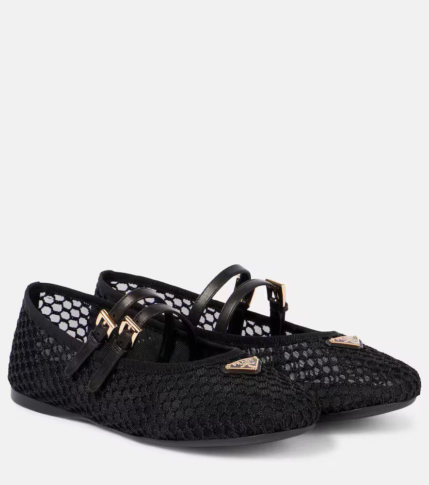 Prada Logo leather-trimmed mesh ballet flats | Mytheresa (US/CA)
