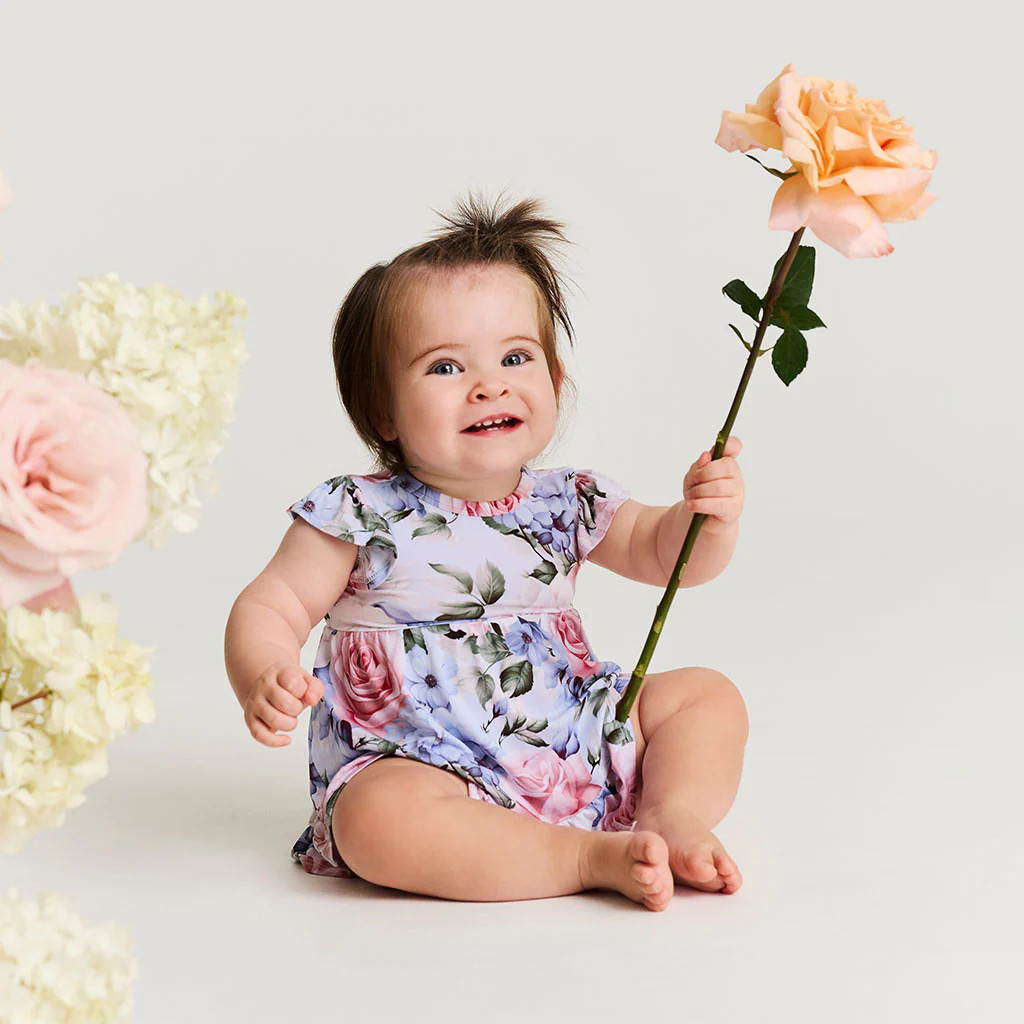 Floral Blue Girl Marion Tie Back Ruffled Bodysuit Dress | Posh Peanut® | Posh Peanut