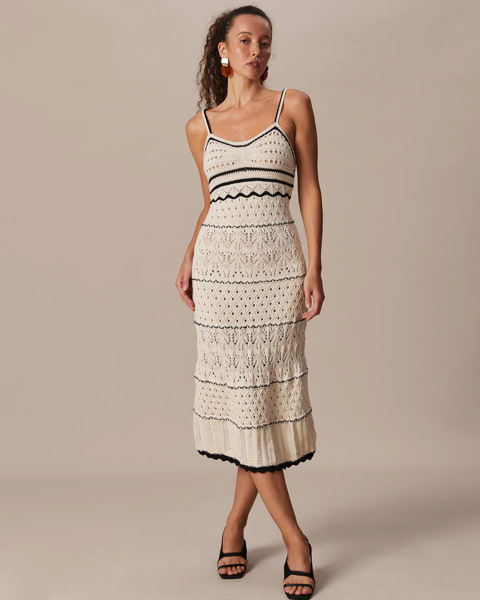 The Beige Scalloped Pointelle Knit Midi Dress | rihoas.com
