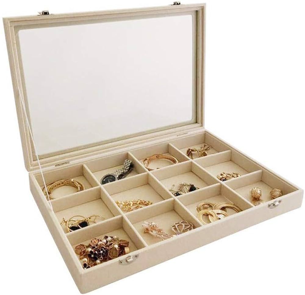 Premium Quality Large Beige Velvet Jewelry Display Box Tray with See Through Lid Multi Function S... | Amazon (US)