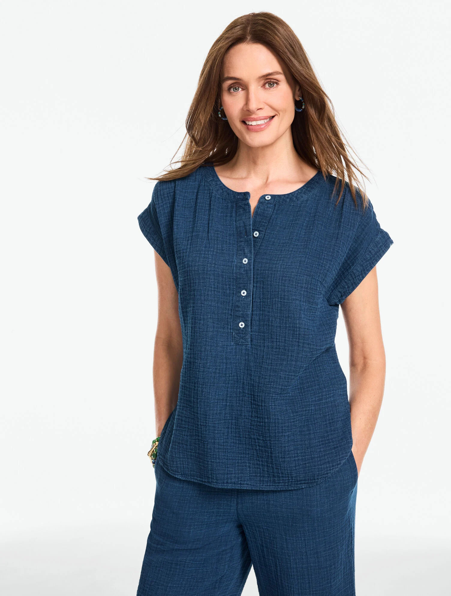 Gauze Band Collar Popover - Indigo | Talbots