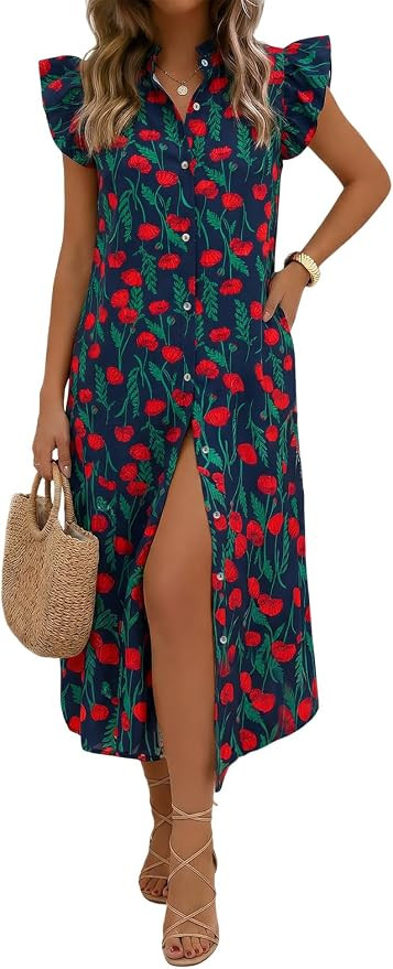Wenrine Womens Summer Button Down Shirt Dress Casual Floral Rufffle Cap Sleeve Loose Beach Boho M... | Amazon (US)