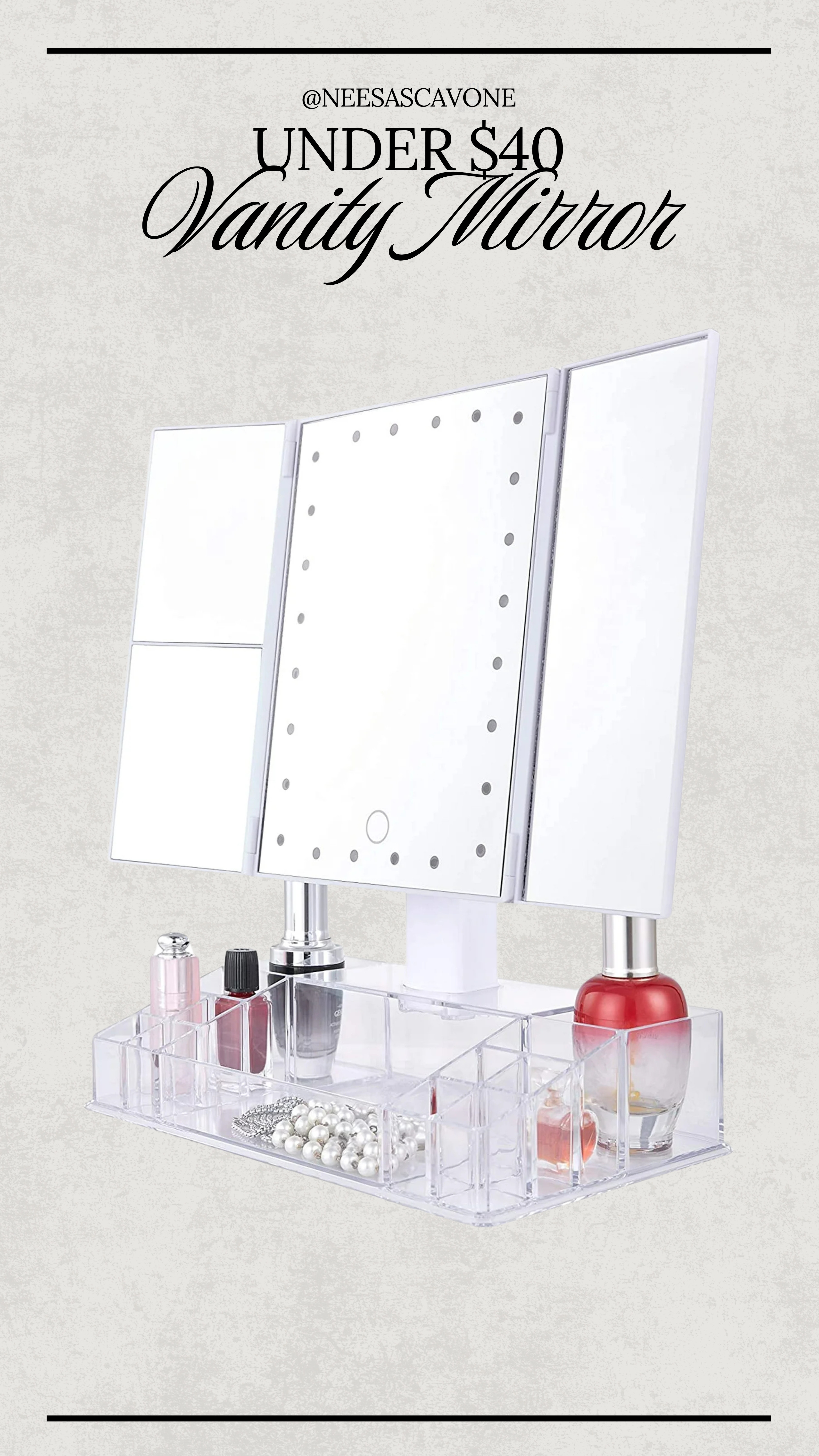 ✨Vanity mirror under $40? YES PLEASE.
This tri-fold mirror with built-in LED lights is perfect for makeup, skincare, and feeling like that girl every morning 💁🏼‍♀️ Bonus points for the clear organizer base — so satisfying.
Linked it for you on my LTK! 💡💄

#VanityMirror #AmazonFinds #LTKUnder50 #MakeupMustHaves #BeautySetup #VanityGoals #LTKBeauty #LTKHome #OrganizationGoals #BudgetFriendlyFinds #MomLifeGlowUp #AmazonHome #LTKSaleAlert #MakeupStation 

 #LTKSummerEdit #LTKFindsUnder50 #LTKBeauty
