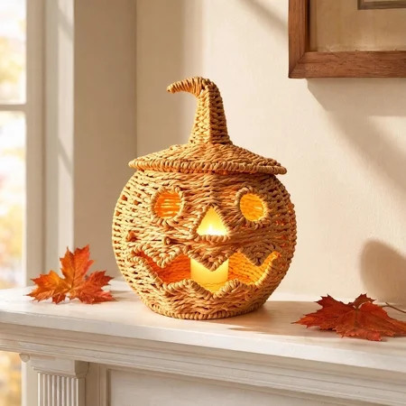 Handwoven Wicker Pumpkin Jack-O'-Lantern with Detachable Witch Hat Lid, Halloween Pumpkin Decoration with LED Candle, Rustic Rattan Fall Autumn Harvest Tabletop Decor for Home Porch,Orange-1 | Walmart (US)