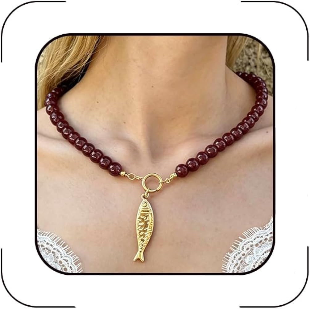Chunky Beaded Fish Necklace for Women Boho Bead Beach Fish Pendant Necklace | Amazon (US)
