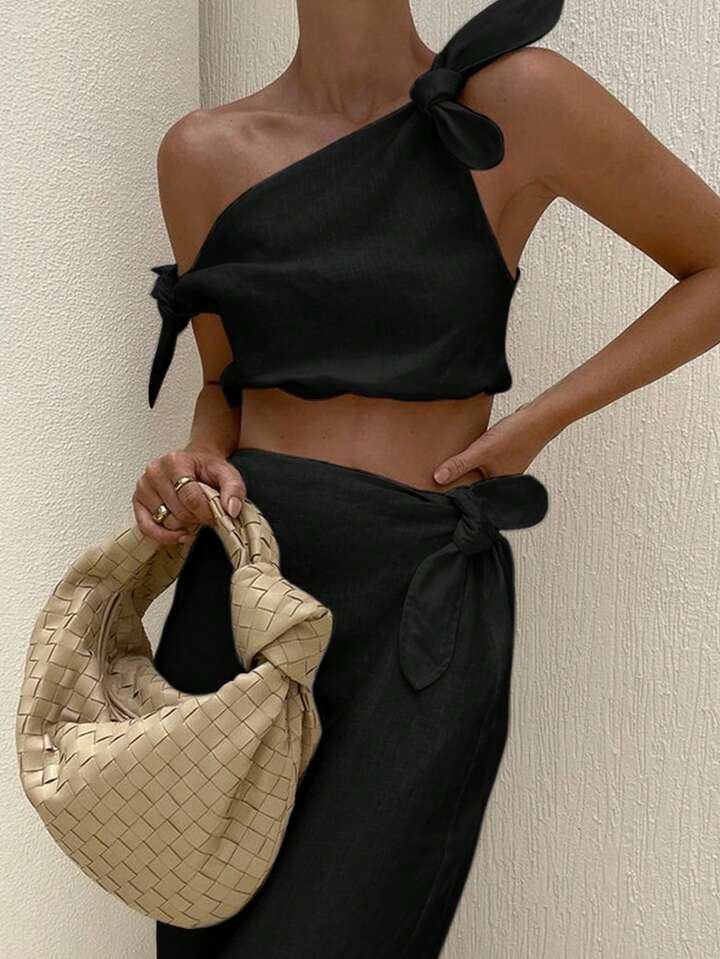 INAWLY Women 2 Piece Set - Solid Color Asymmetric Hem Cropped Top & Mini Skirt, Fashionable | SHEIN