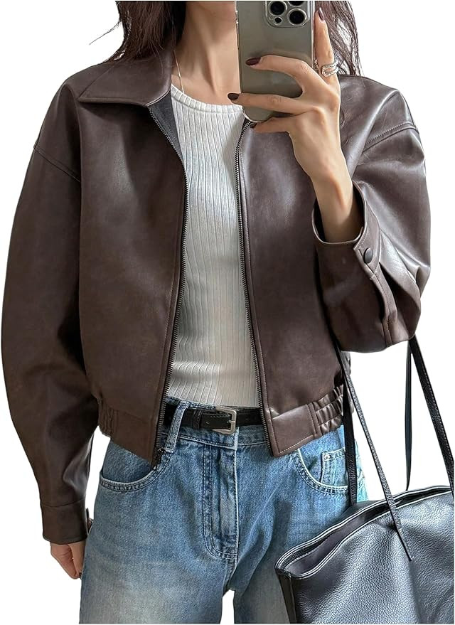 Women's Y2K Faux Leather Jacket Zip Up Crop Bomber Jacket Going Out Motor Bike Motorcycle Coat St... | Amazon (US)