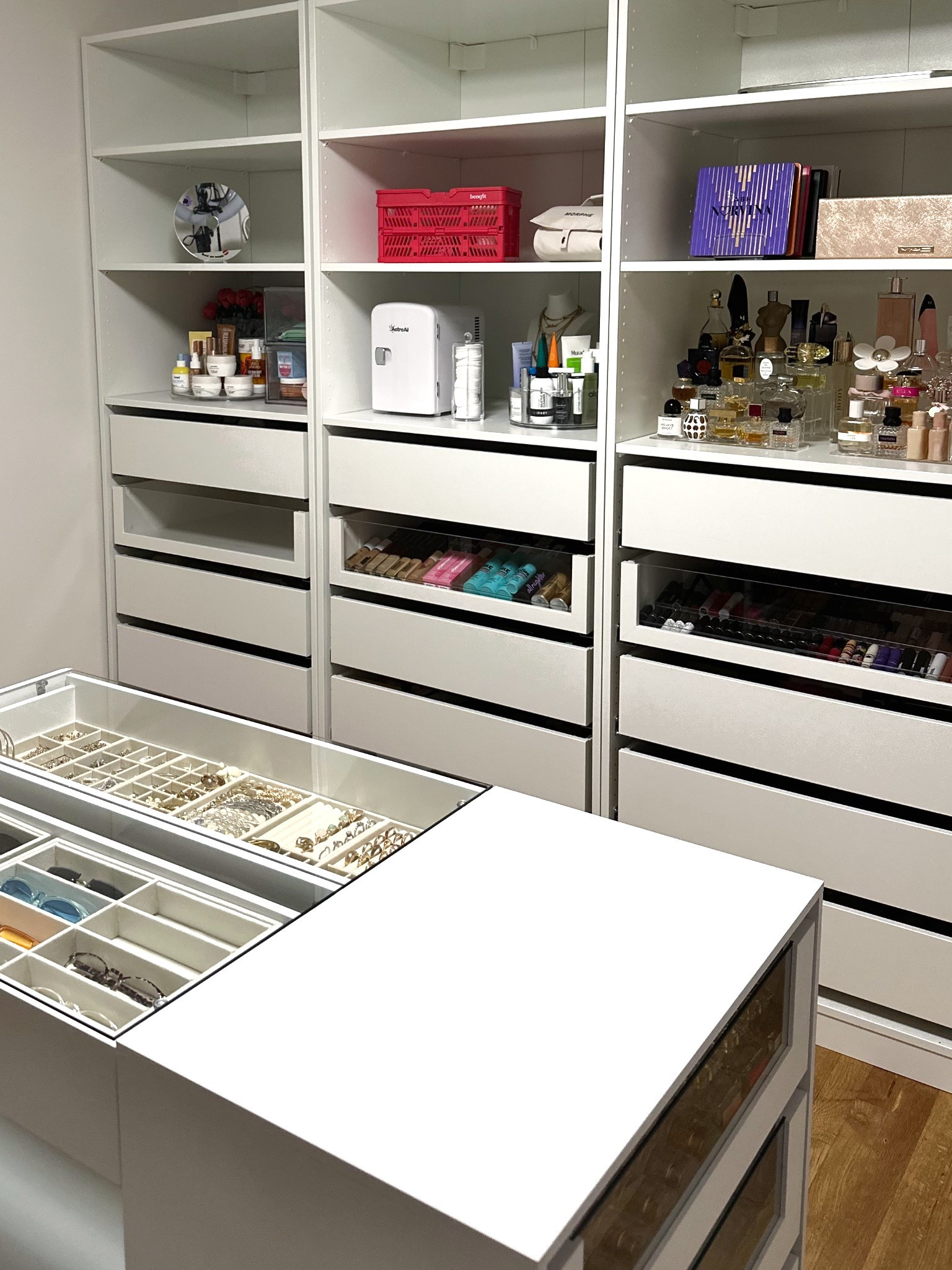 BEAUTY ROOM FURNITURE✨
Measurements:
3 frames of the IKEA PAX 
size 29 1/2 X 22 7/8 X 79 1/8”
12 Komplement drawers 
size 29 1/2 X 22 7/8
3 Komplement drawers with glass front 
size 29 1/2 X 22 7/8
9 Komplement shelves 
size 29 1/2 X 22 7/8

#LTKHome #LTKBeauty