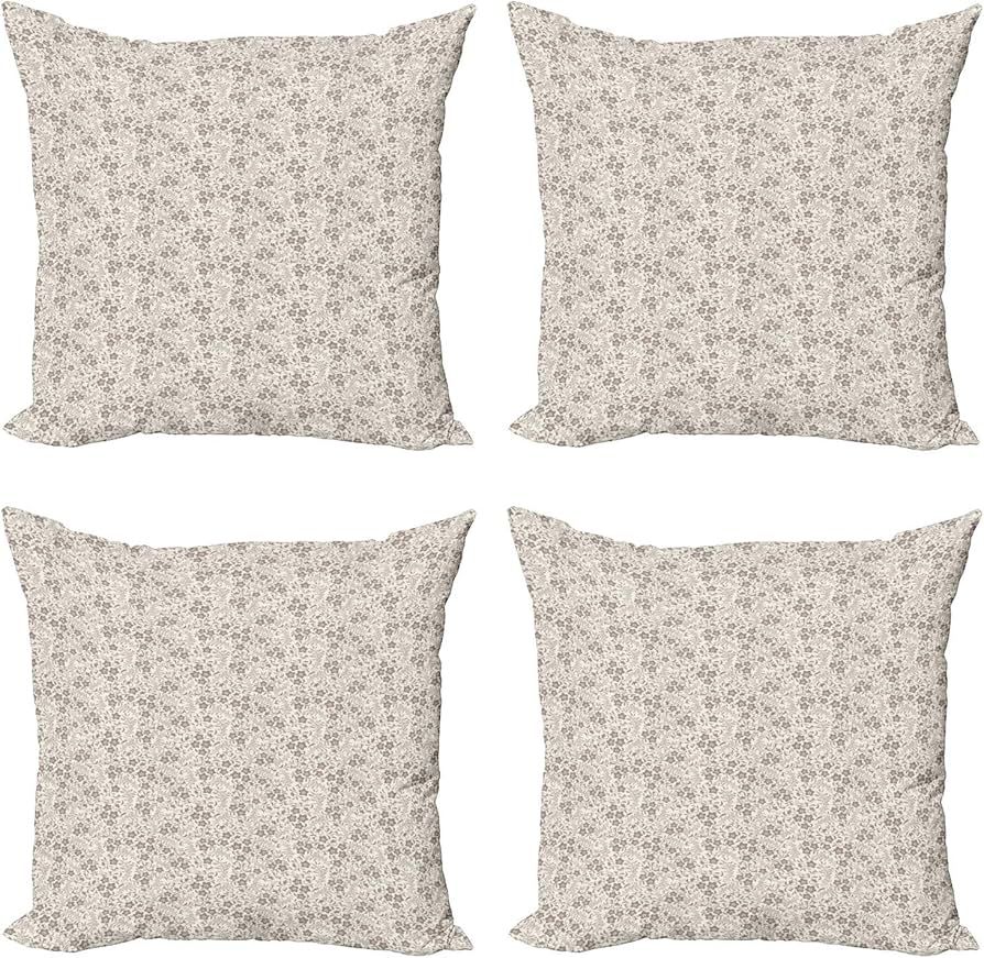 Lunarable Botanical Throw Pillow Cushion Case Pack of 4, Monochrome Flower Silhouettes in Vintage... | Amazon (US)