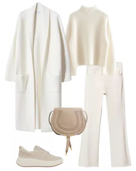 Casual winter white (under $200 with the exception of the bag) 💫 Winter white outfit, white cardigan, white long cardigan, white sweater, white jeans, winter white outfits, winter white coat, Chloe marcie, Chloe sneaker dupes, Chloe sneakers

#LTKstyletip #LTKSeasonal #LTKworkwear