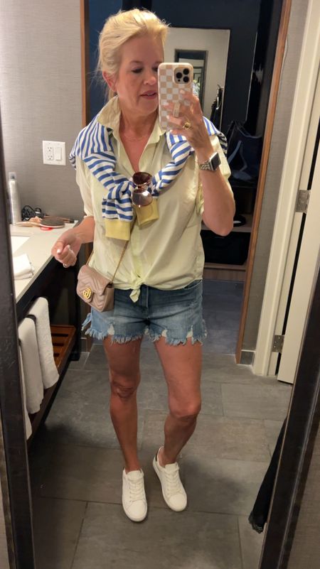 #ootd vacation mode

Coffee/bike ride
Great everyday Summer look

American Eagle button up 
TTS  in a small

Risen denim shorts so good and great quality tts in 27

Stripe light wight sweatshirt Amazon find 

White leather tennis shoes Chicos 

Gucci marmot super mini  bag

Sunglasses Chicos
And I love them! Great optics, weight is so good and light weight yet durable 

#LTKSaleAlert #LTKFindsUnder50 #LTKStyleTip