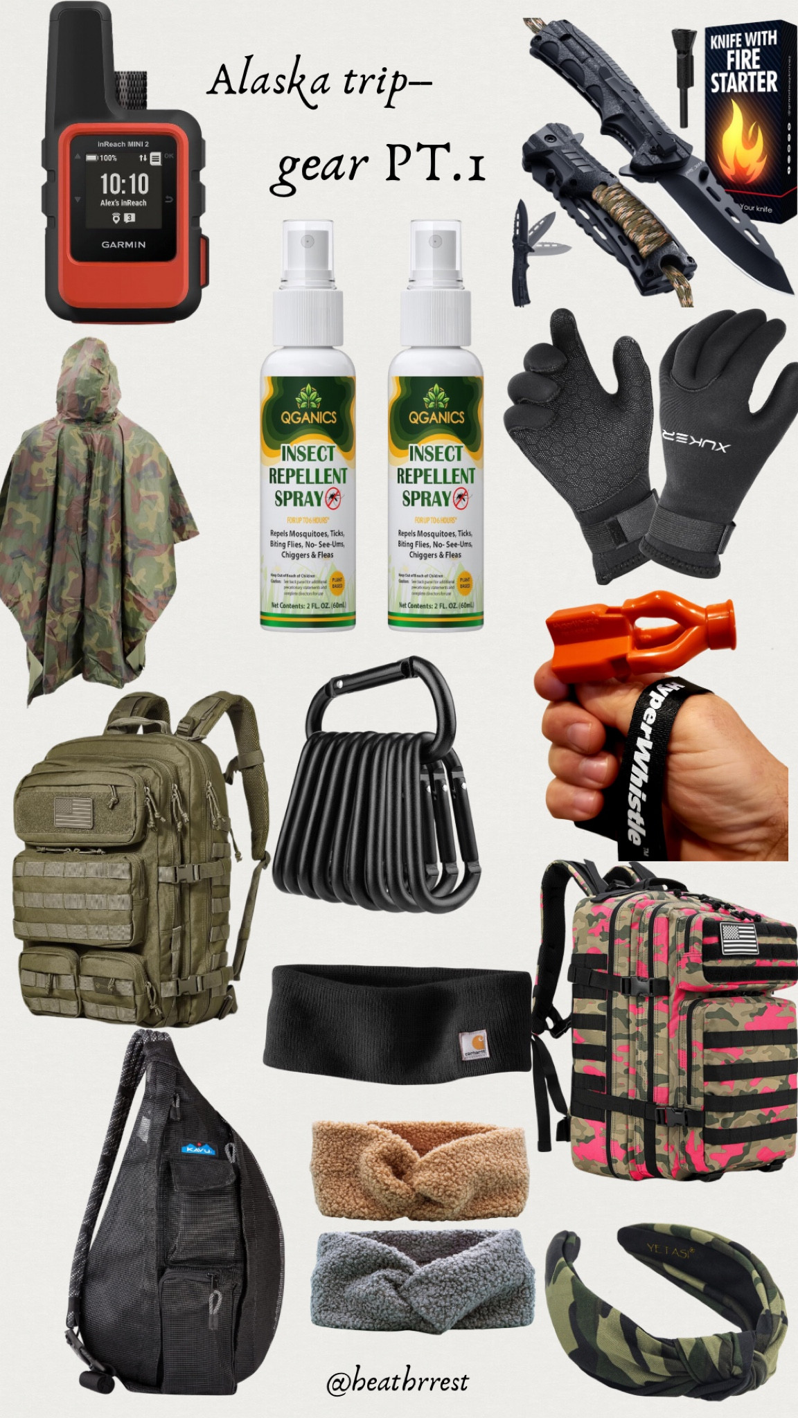 Alaska trip gear bug spray waterproof gloves whistle backpack rain poncho ear warmer sling bag headband utility knife

#LTKTravel #LTKFamily #LTKActive