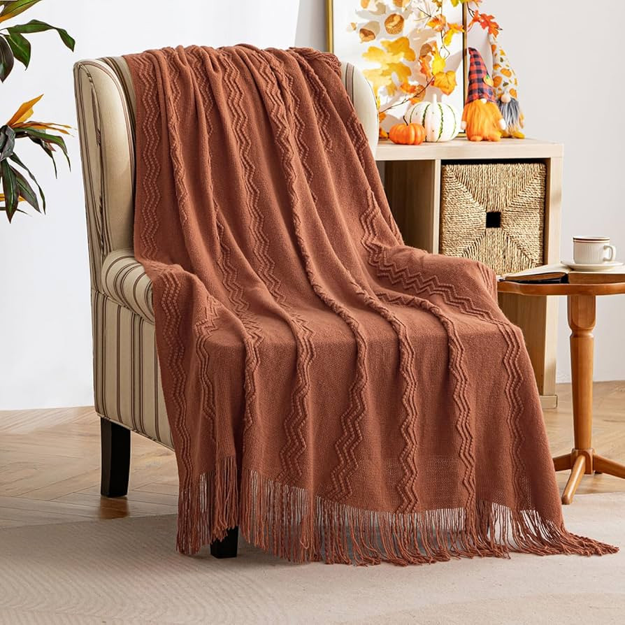 MIULEE Knitted Boho Throw Blanket for Couch Textured Knit Terracotta Rust Blanket with Tassels Co... | Amazon (US)