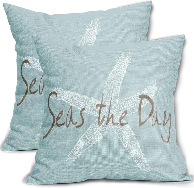 Seafoam Blue Starfish Pillow Covers 16X16 Inch Coastal Beachy Nautical Throw Pillow Beach Decorat... | Amazon (US)