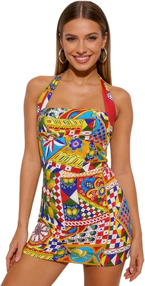 Women's Sexy Halter Tropical Printed Mini Dress Sleeveless A Line Bodycon Dress Backless Party Va... | Amazon (US)