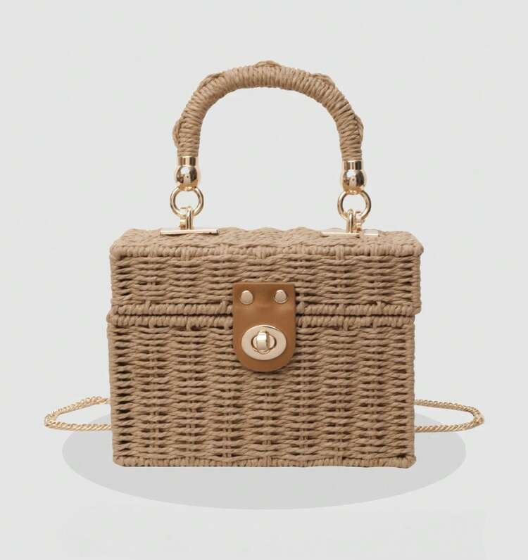 Fashionable Women's Handbag, Woven Box Basket Bag, Solid Color, Adjustable Comfortable Chain Strap, Clasp Closure, Suitable For Beach, Travel, Versatile | SHEIN
