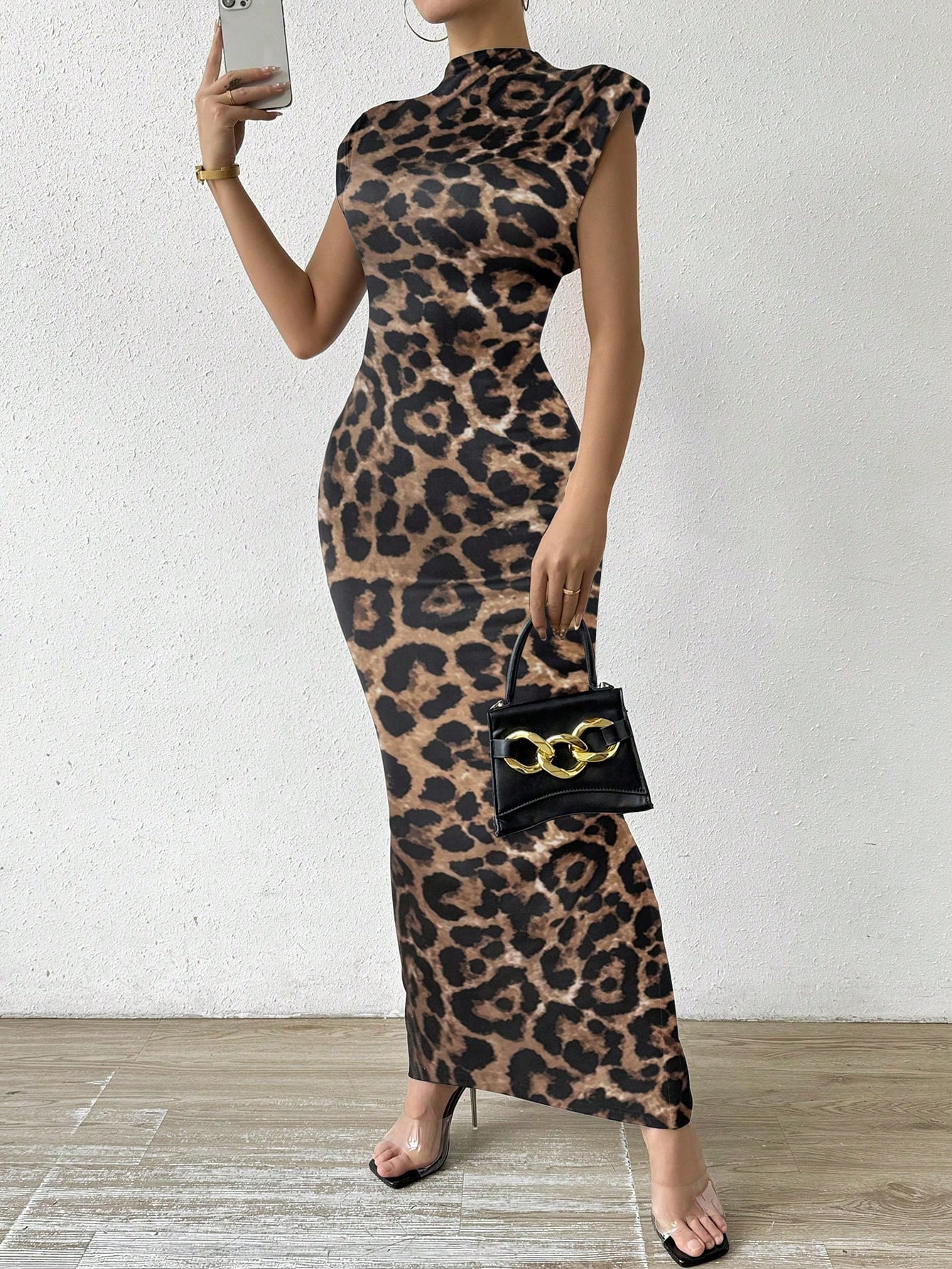 SHEIN Raffinéa Women's Leopard Print Stand Collar Padded Shoulder Bodycon Dress | SHEIN USA | SHEIN
