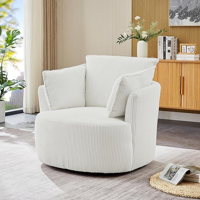 White Boucle Swivel Chair, Modern Swivel Barrel Chair with 2 Pillows, Upholstered Oversized Round... | Amazon (US)