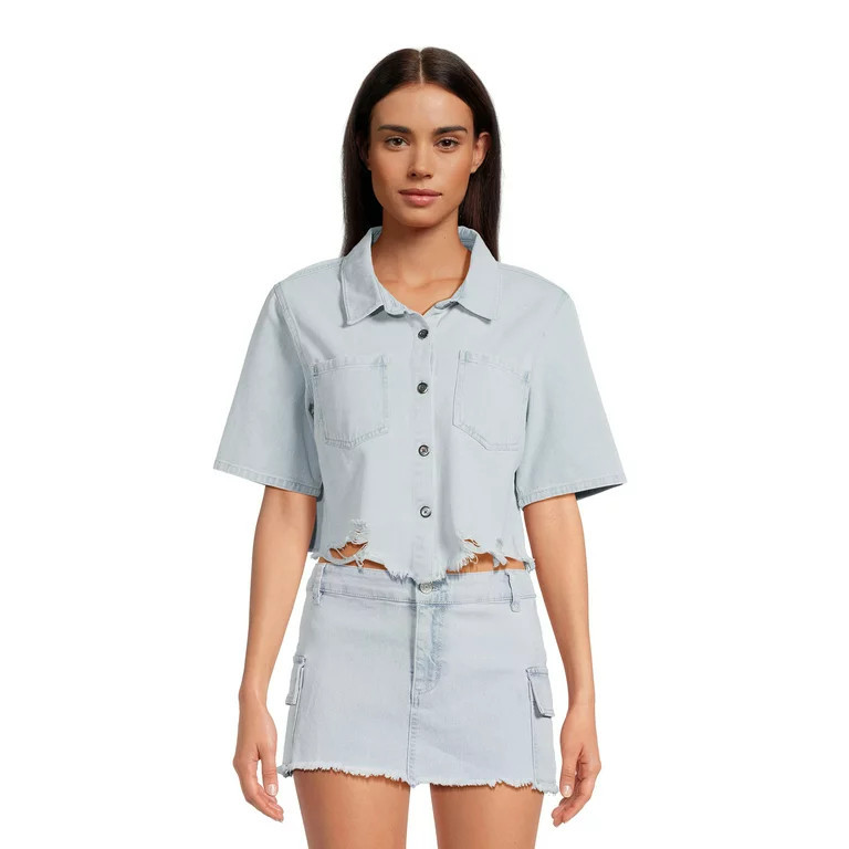 Madden NYC Juniors Cropped Denim Shirt with Destructed Hem | Walmart (US)