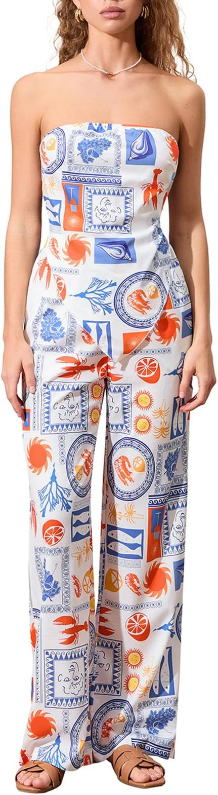 Women's Summer Outfits 2 Piece Set Lobster Print Strapless Tube Tops with Loose Wide Leg Pants Se... | Amazon (US)