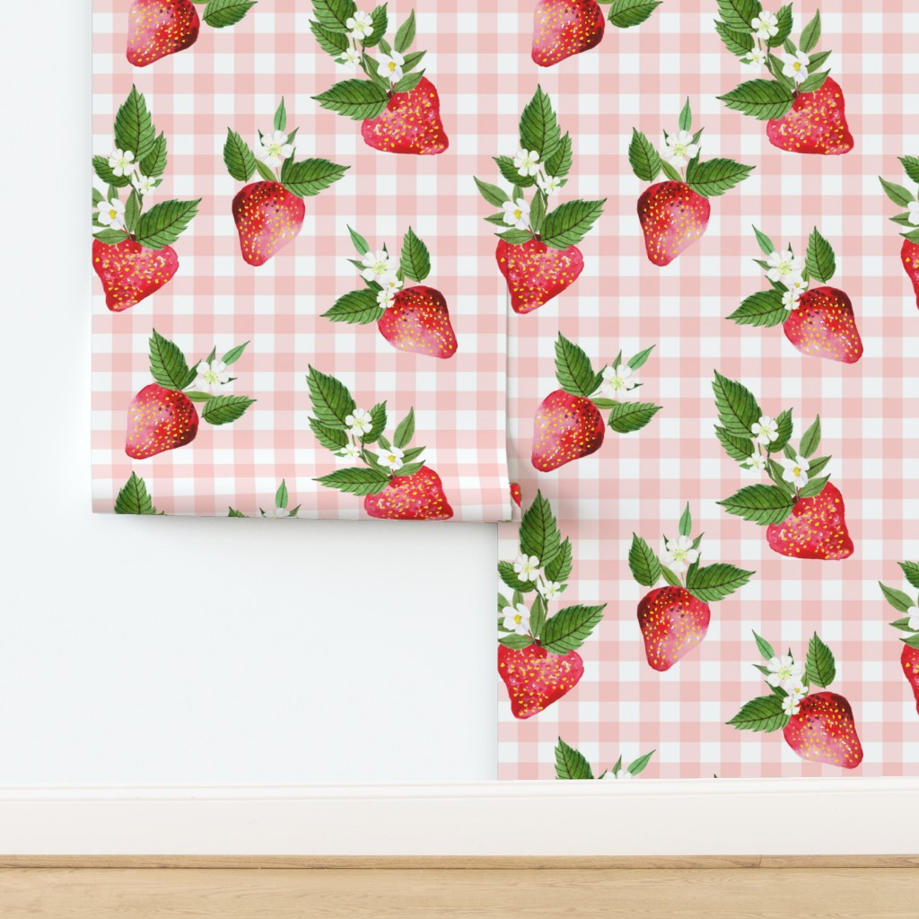 6" Strawberries Pink Gingham | Spoonflower