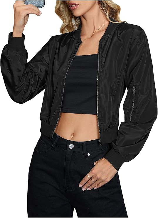 OYOANGLE Women's Lightweight Bomber Biker Jacket Zip up Windbreaker Crop Bomber Jacket Coat | Amazon (US)