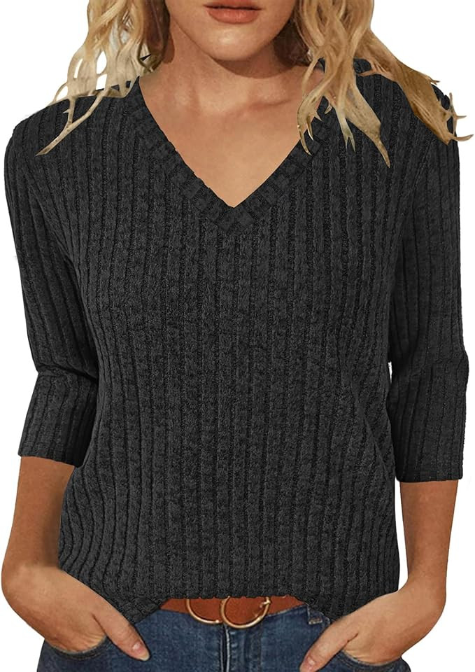JomeDesign Sweaters for Women 3/4 Sleeve Tops V Neck Loose Casual Tunic Blouses | Amazon (US)