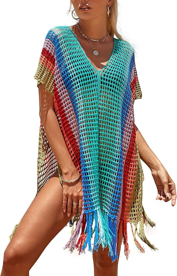 shermie Colorful Swimsuit Coverup for Women Loose Tassels Crochet Cover Up Dress | Amazon (US)