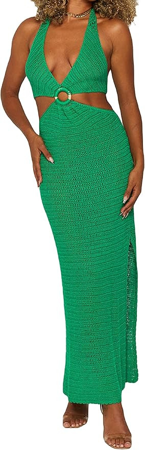 Women Crochet Knit Maxi Dresses Y2K Hollow Out Long Dresses Halter Neck Bodycon Dress Retro Party... | Amazon (US)