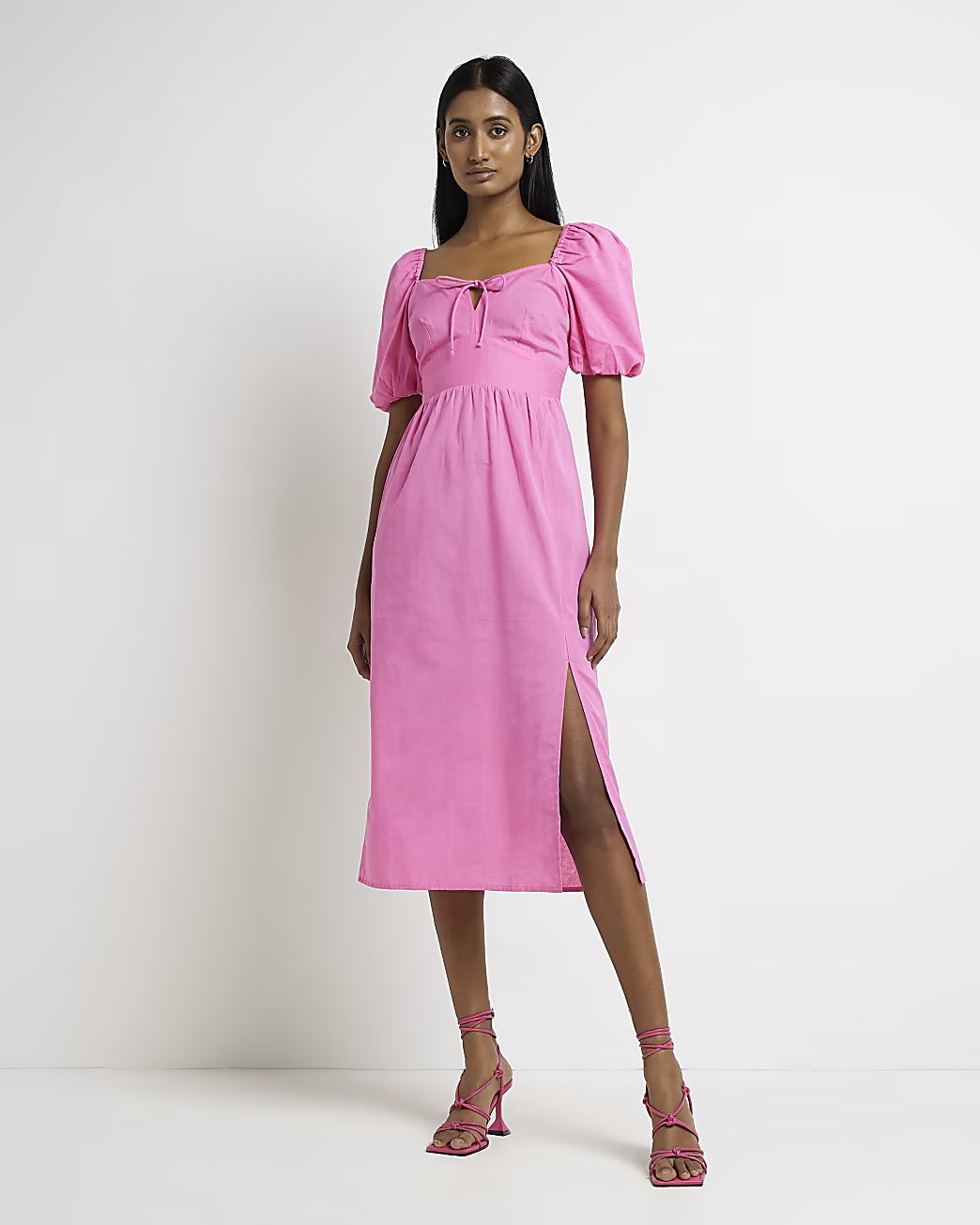 Pink puff sleeve midi dress | River Island (UK & IE)