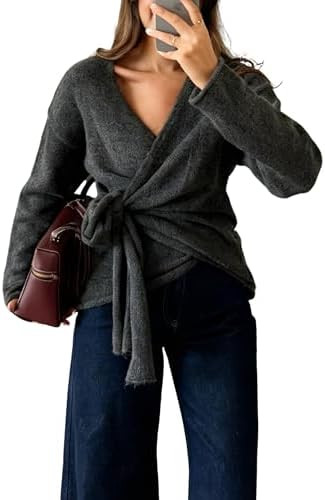 Watashi Women Casual V Neck Wrap Sweater Long Sleeve Cozy Self Tie Belted Knit Sweaters Fall Wint... | Amazon (US)