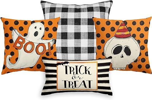 AVOIN colorlife Halloween Polka Dot Ghost Boo Throw Pillow Cover, Buffalo Check Plaid Watercolor ... | Amazon (US)