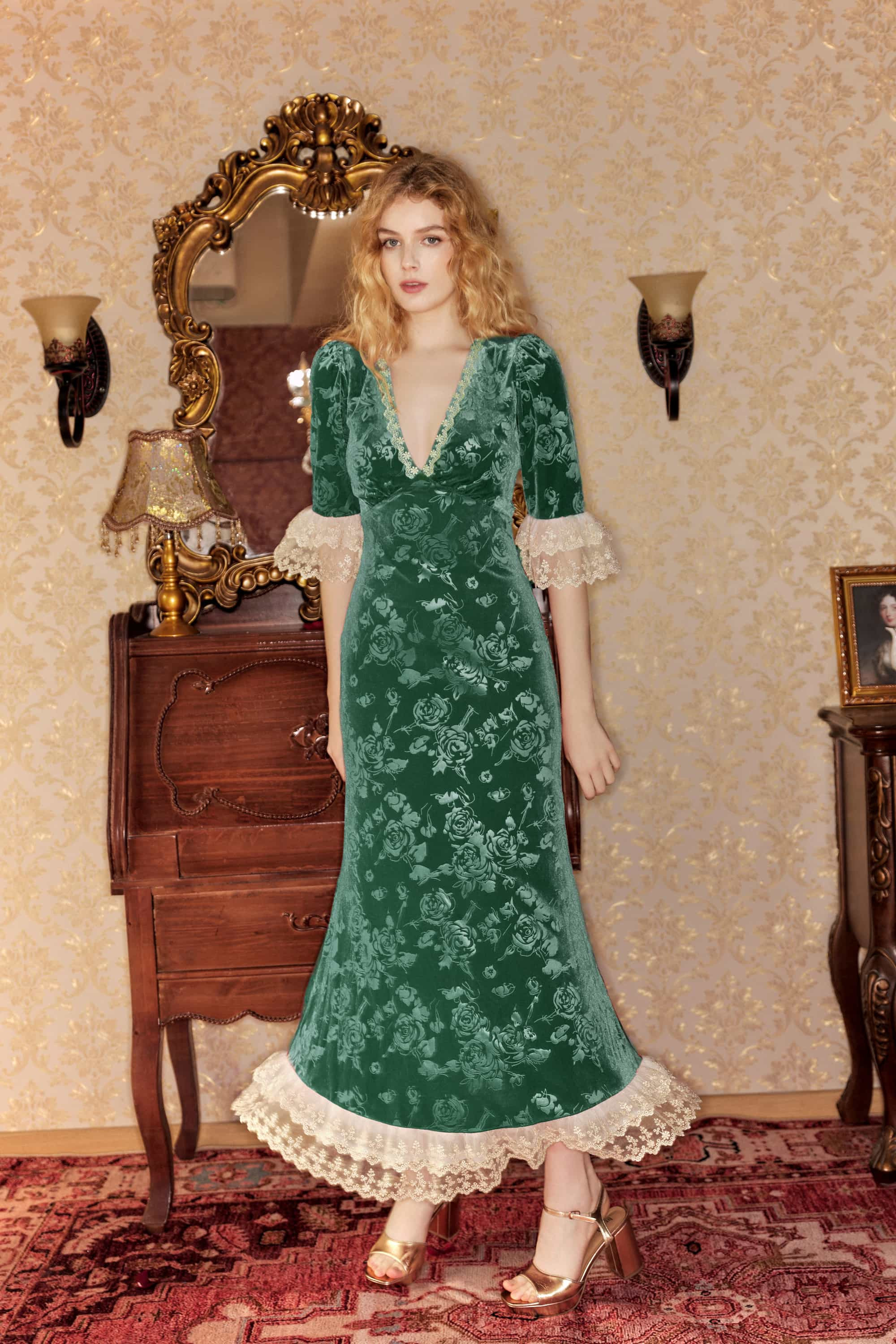Gwyneth Embossed Velvet Maxi Dress in Jade Green | American Heiress