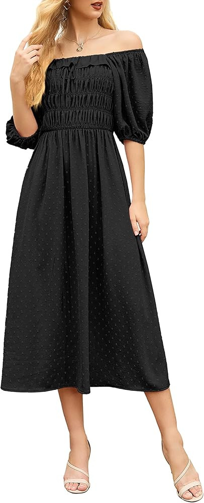GRECERELLE Womens Summer Casual Midi Maxi Dress Square Neck Half Sleeve Ruffled Backless Smocked ... | Amazon (UK)