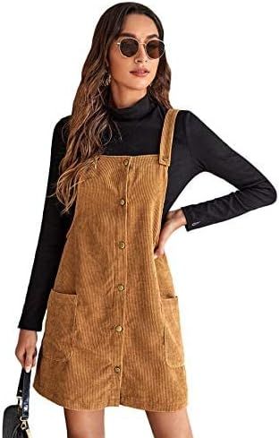Floerns Women's Corduroy Button Down Pinafore Overall Dress with Pockets | Amazon (US)
