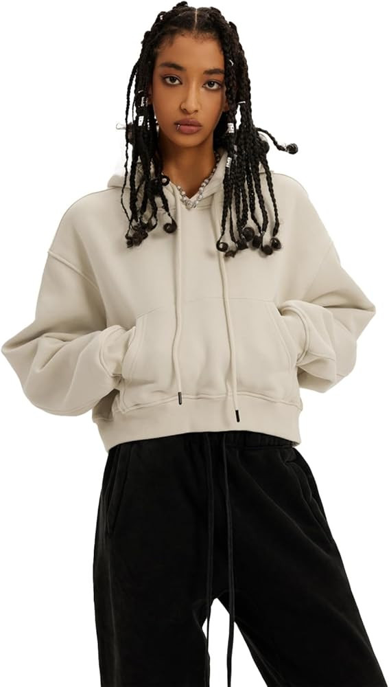Women's Cropped Hoodies Casual Pullover Long Sleeve Sweatshirt Kangaroo Pocket Drop Shoulder Swea... | Amazon (US)