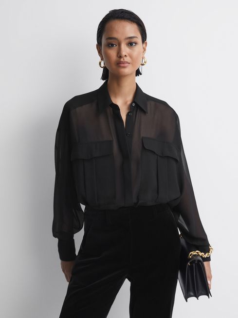 Reiss Black Adaline Oversized Sheer Button-Through Shirt | Reiss US
