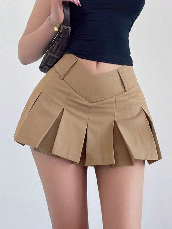 Low V-Cut Wide Waist Pleated Skirt | SHEIN