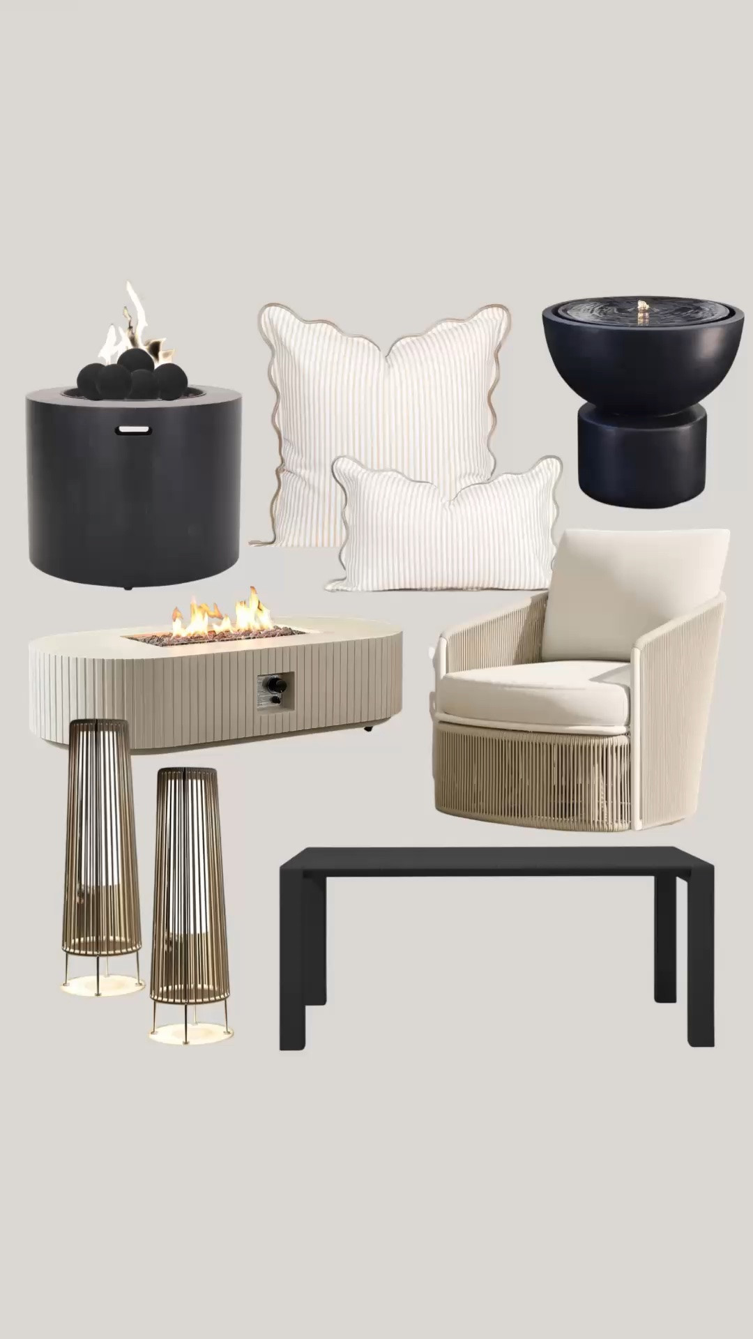 Modern Patio Glow Up! Designer picks, affordable finds. 
Neutral aesthetic, minimalist, organic modern, backyard, outdoor decor ideas, Amazon home, Wayfair,  Restoration Hardware style, black, beige, white, fire pit, fire table, water flint, outdoor lamps, dining table, pillows, swivel chair

#LTKsummer #LTKhome #LTKsale