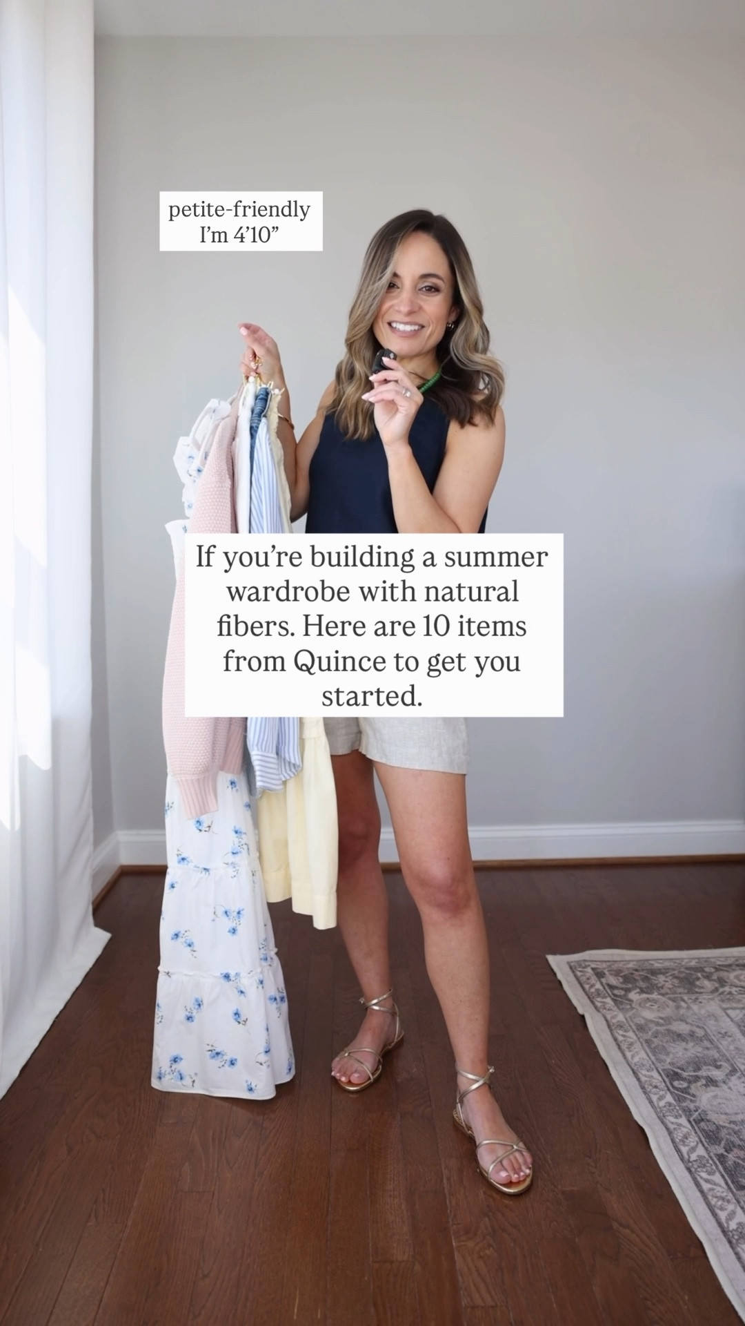 If you’re building a summer wardrobe and you’re focused on natural fibers, here are 10 items from @Quince  to get you started. (Bonus, they’re all petite-friendly). #quincepartner 

100% European Linen Cropped Tank: XS in Navy
100% European Linen Trouser Shorts: 0 in Flax
100% European Linen Fitted Tank: XS in White
100% Organic Cotton Poplin Tiered Maxi Skirt: XS in Pale Custard Yellow
Bella Stretch Vintage Shorts: 24 in Atlantic Blue
Bella Stretch Vintage Shorts: 24 in Ghost White
100% Organic Cotton Gauze Long Sleeve Shirt: XS in Bayside Stripe
100% Organic Cotton Waffle Stitch Open Cardigan: XS in Shell Pink
100% Organic Cotton Poplin Smocked Midi Dress: XS in Romantic Stems