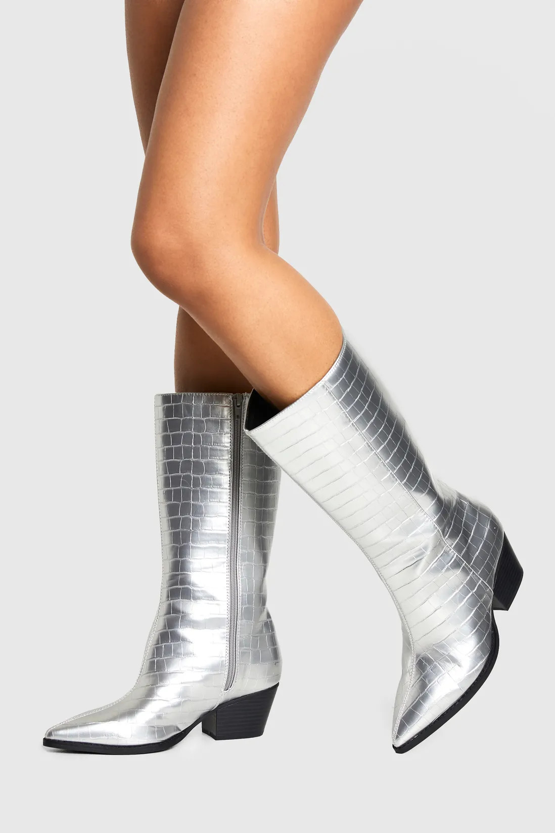 Wide Fit Croc Low Block Calf High Western Boots | boohoo (US & Canada)