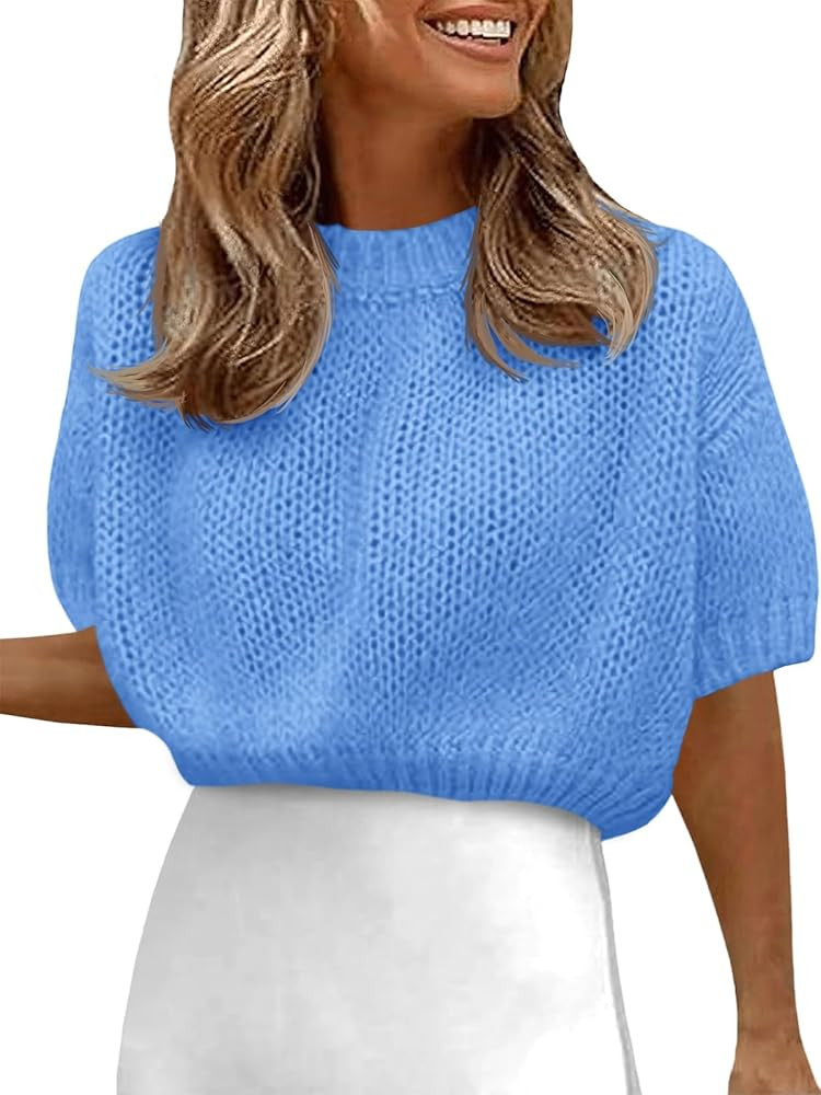 Fisoew Womens Cropped Knit Shirts Casual Puff Short Sleeve Crewneck Solid Loose Lightweight Crop ... | Amazon (US)
