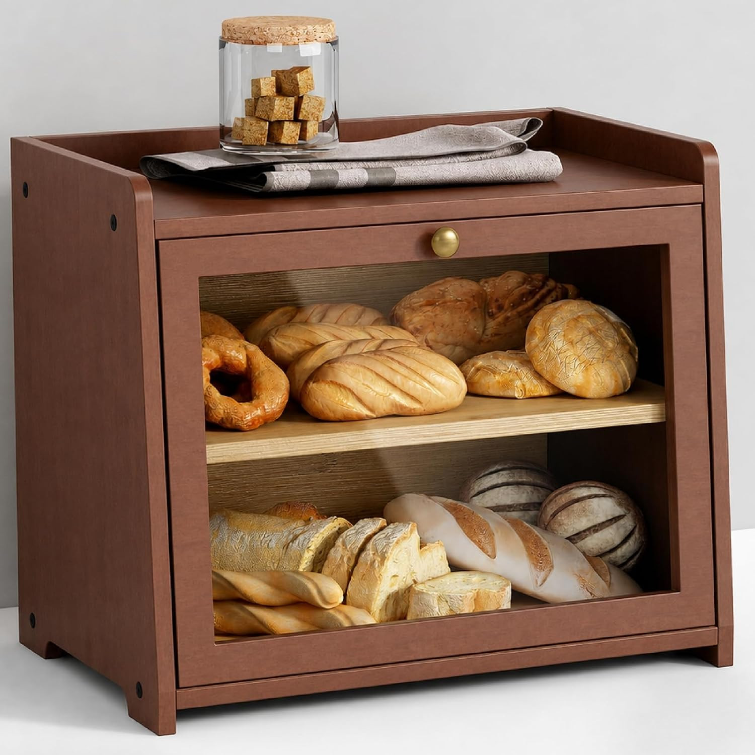 Walnut Brown Bread Box 2 Tier, Double Layer Breadbox for Kitchen Countertop | Amazon (US)