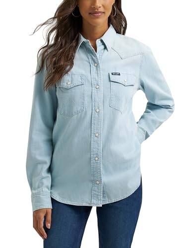 Wrangler Women's Long Sleeve Western Snap Shirt, Bleached Denim, Small | Amazon (US)