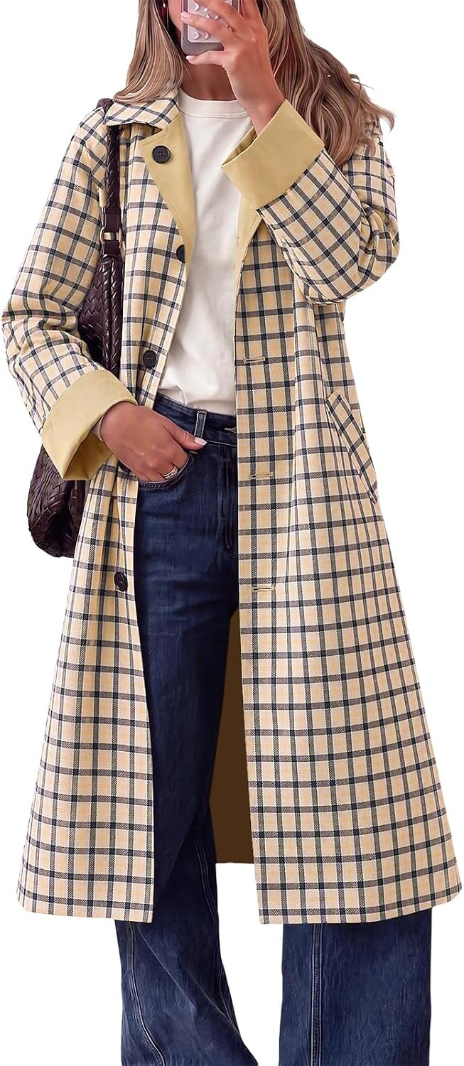 Tankaneo Womens Long Trench Coat Plaid Reversible Windproof Overcoat | Amazon (US)
