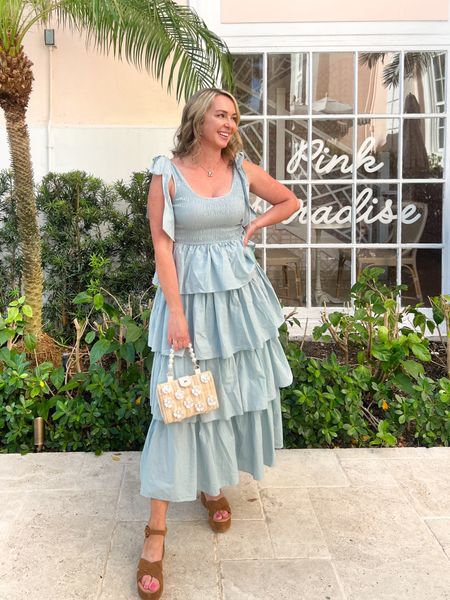 What I wore in Palm Beach 🏝️ Still a few sizes left in this soft blue ruffle dress. Wearing size small. My platform sandals were worth the splurge! So comfy! 

#LTKShoeCrush #LTKTravel #LTKStyleTip
